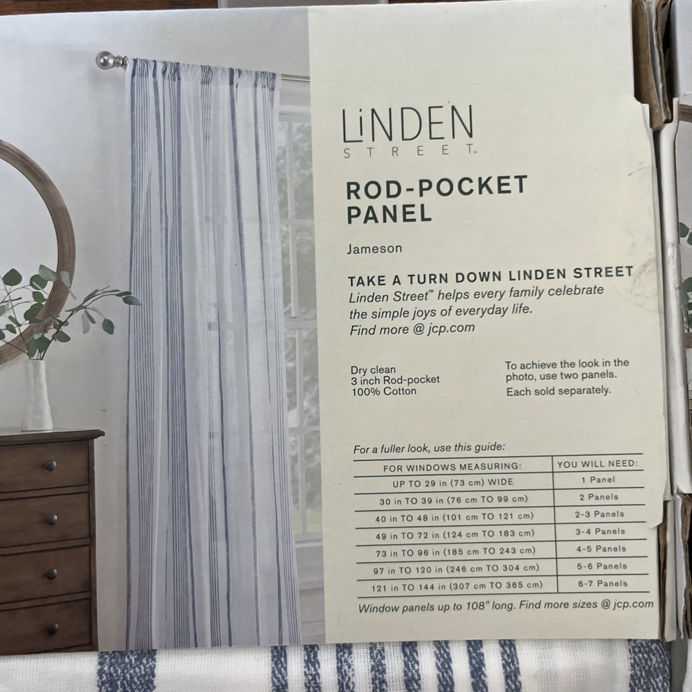 Lot 2 Linden St. Rod Pocket Jameson Cotton Print Sheer Prvdence Blue Stripe 84" - Picture 6 of 7